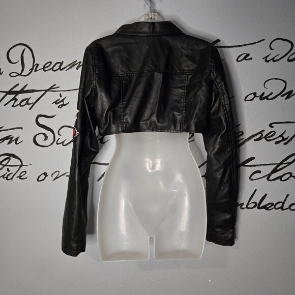 Hot & Delicious Cropped Faux Leather Jacket W/ Front Patches - Black, M - Picture 6 of 9